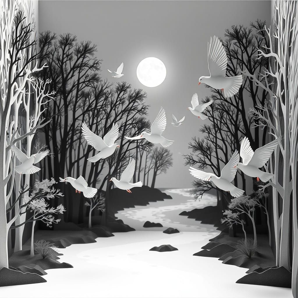 Surreal Nighttime Scene of Peaceful Doves in Forest Under Fu...