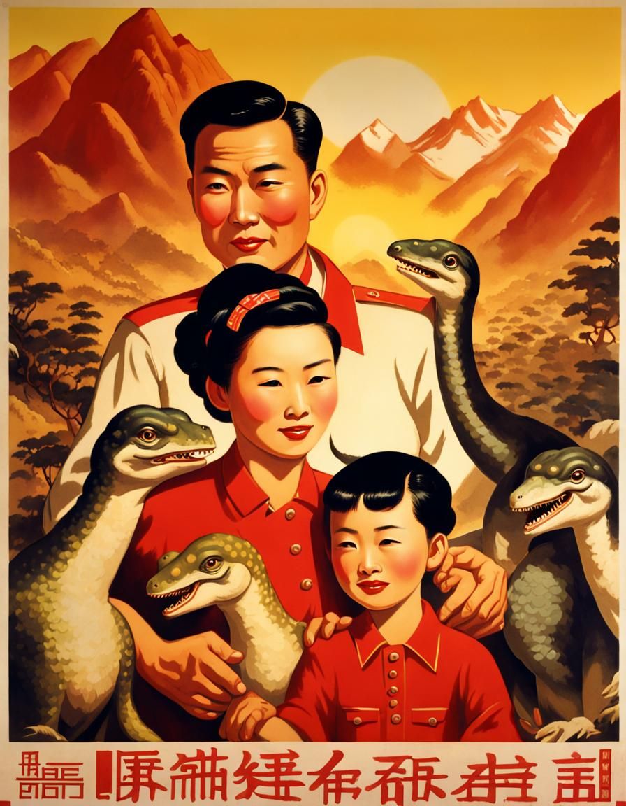 Chinese Propaganda Poster: Family with Dinosaurs