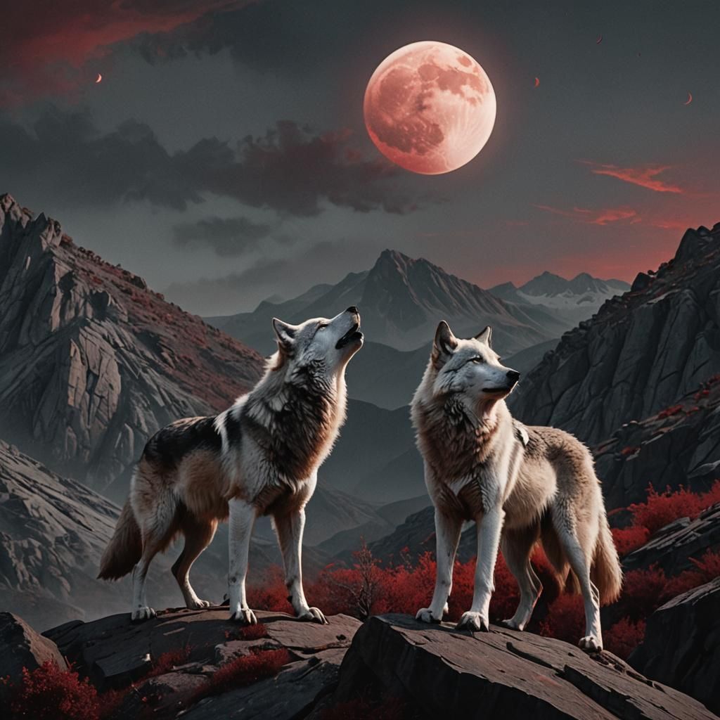 Wolves Howling at Red Moon in Realist Style