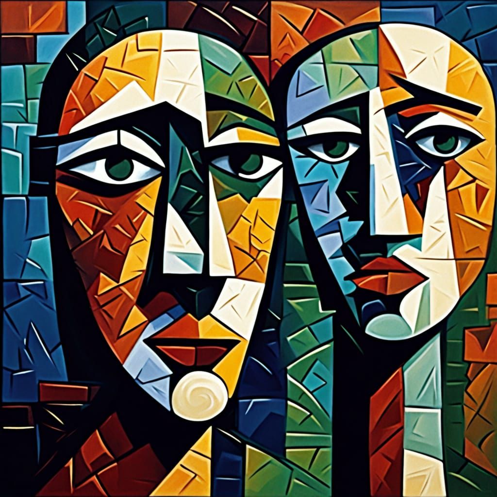 Cubist Portrait of Three Women with Mosaic Patterns