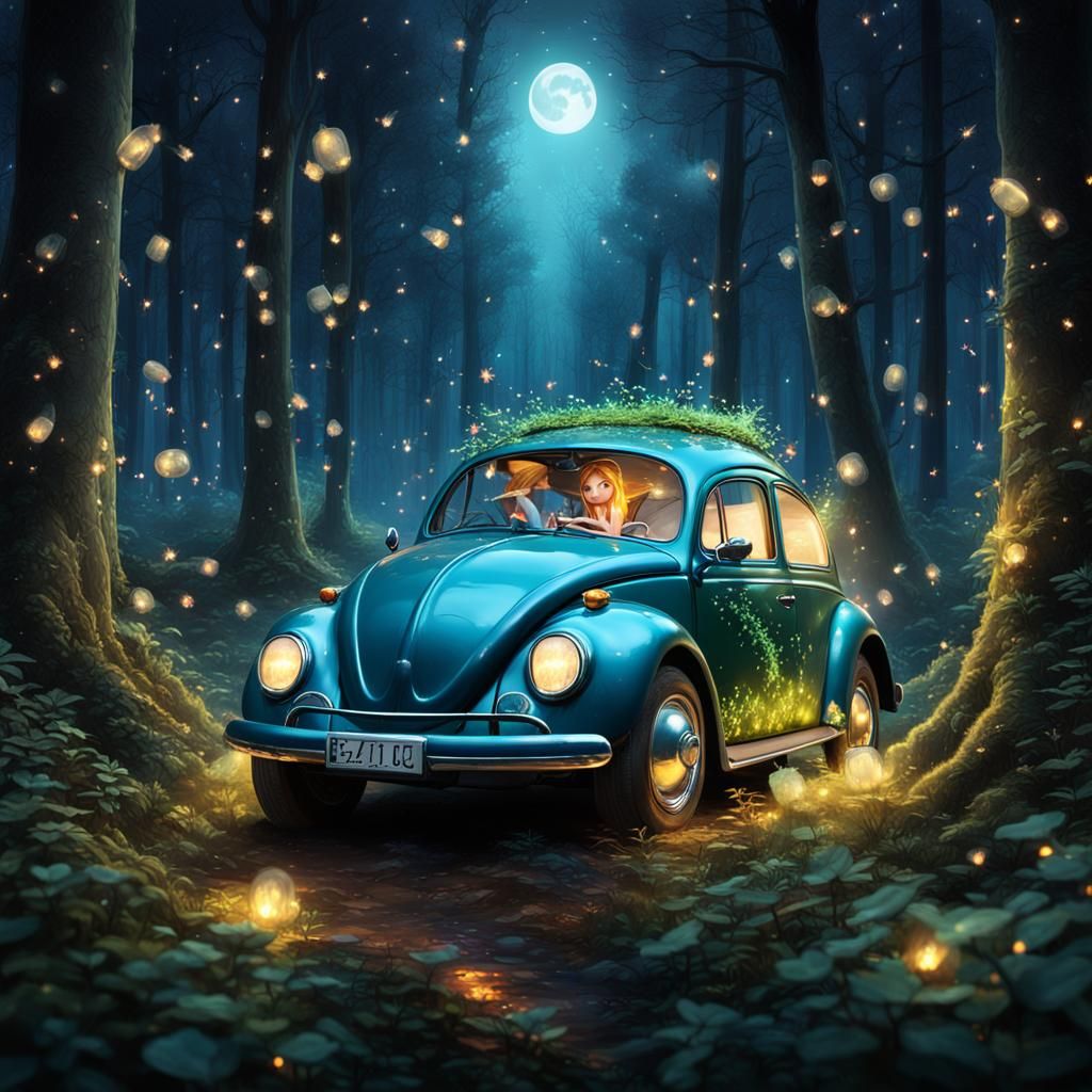 Fairy in VW Beetle Under Moonlit Forest