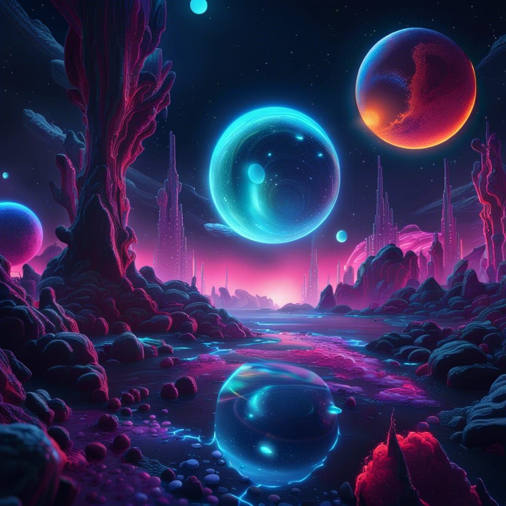 Bioluminescent Neon Space Landscape in Holographic Style