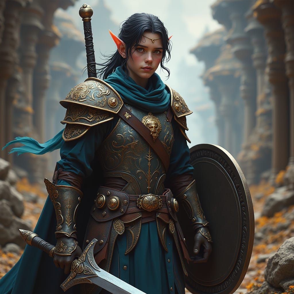 Fantasy Half-Elf Warlock with Sword and Shield