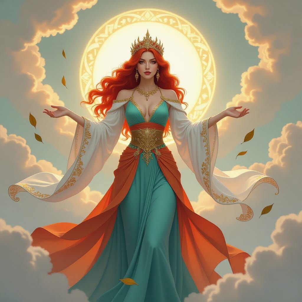 Celestial Goddess in Turquoise and Orange Dress