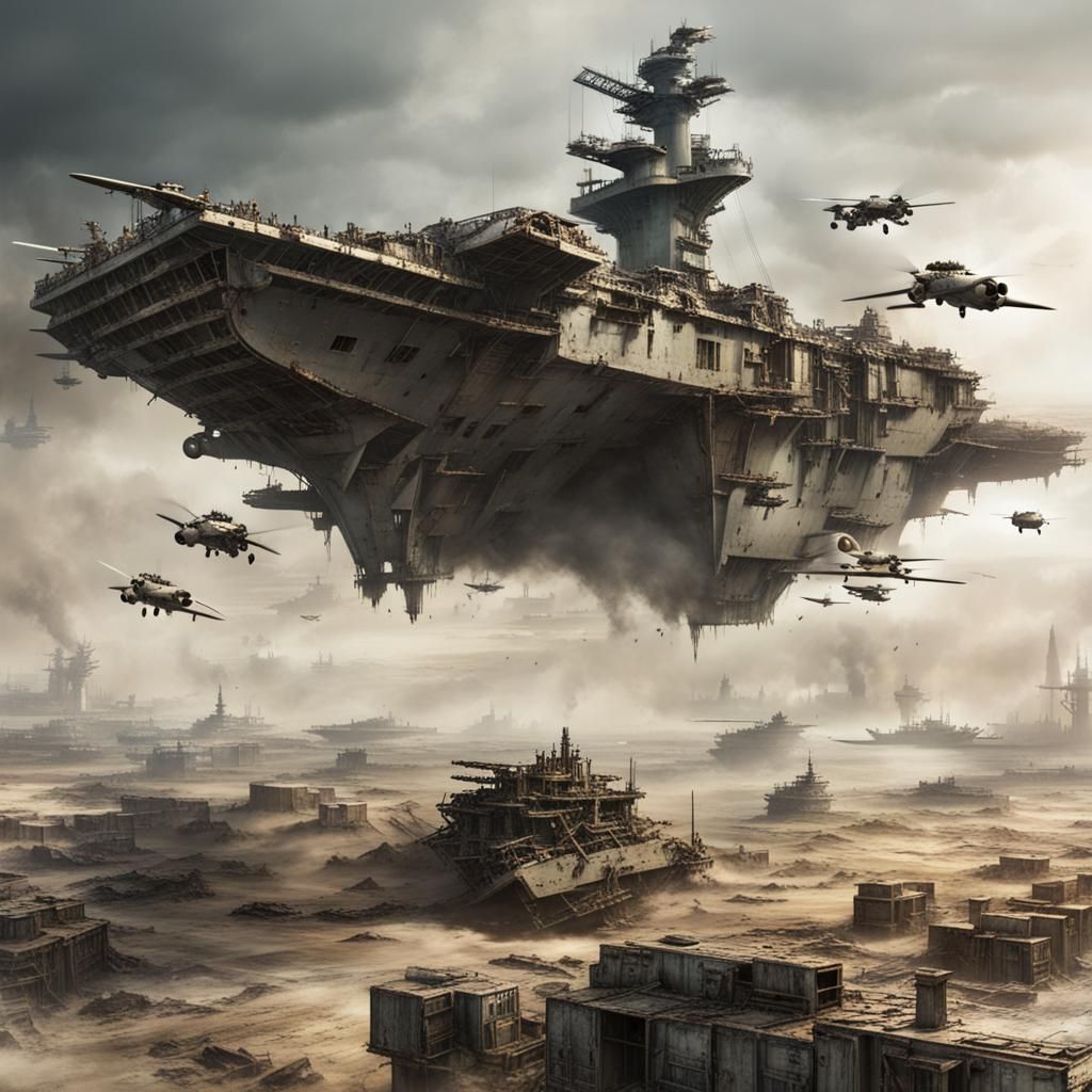 Post-Apocalyptic Flying Aircraft Carrier in Wasteland