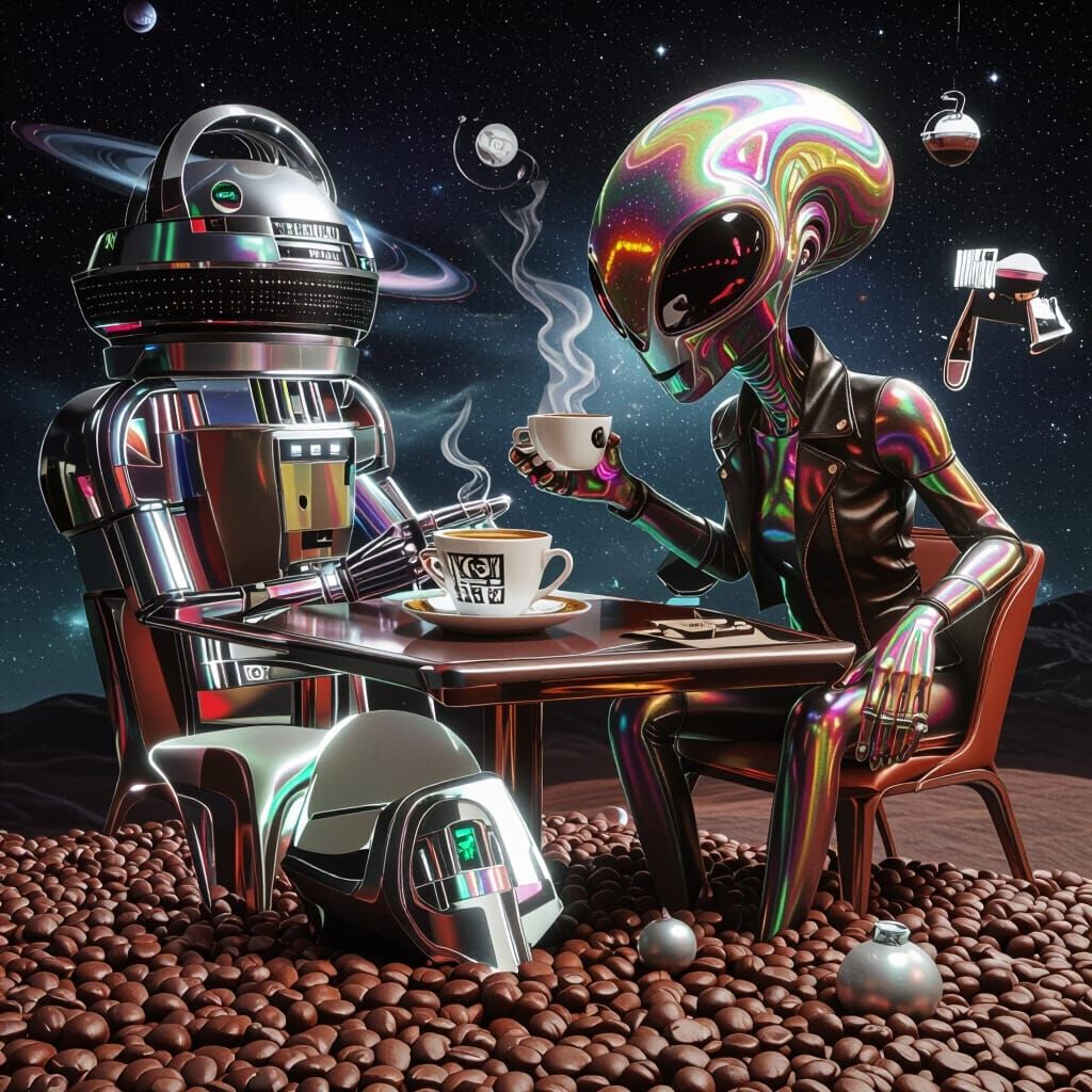 Surreal Alien Sips Coffee in Neon Cosmic Cafe