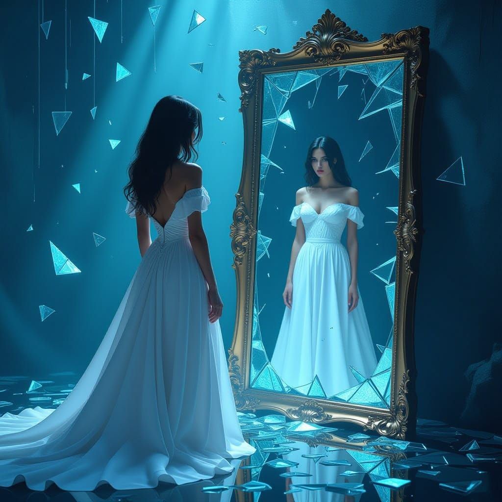 Woman Staring into Shattered Mirror, Abstract Fantasy Art