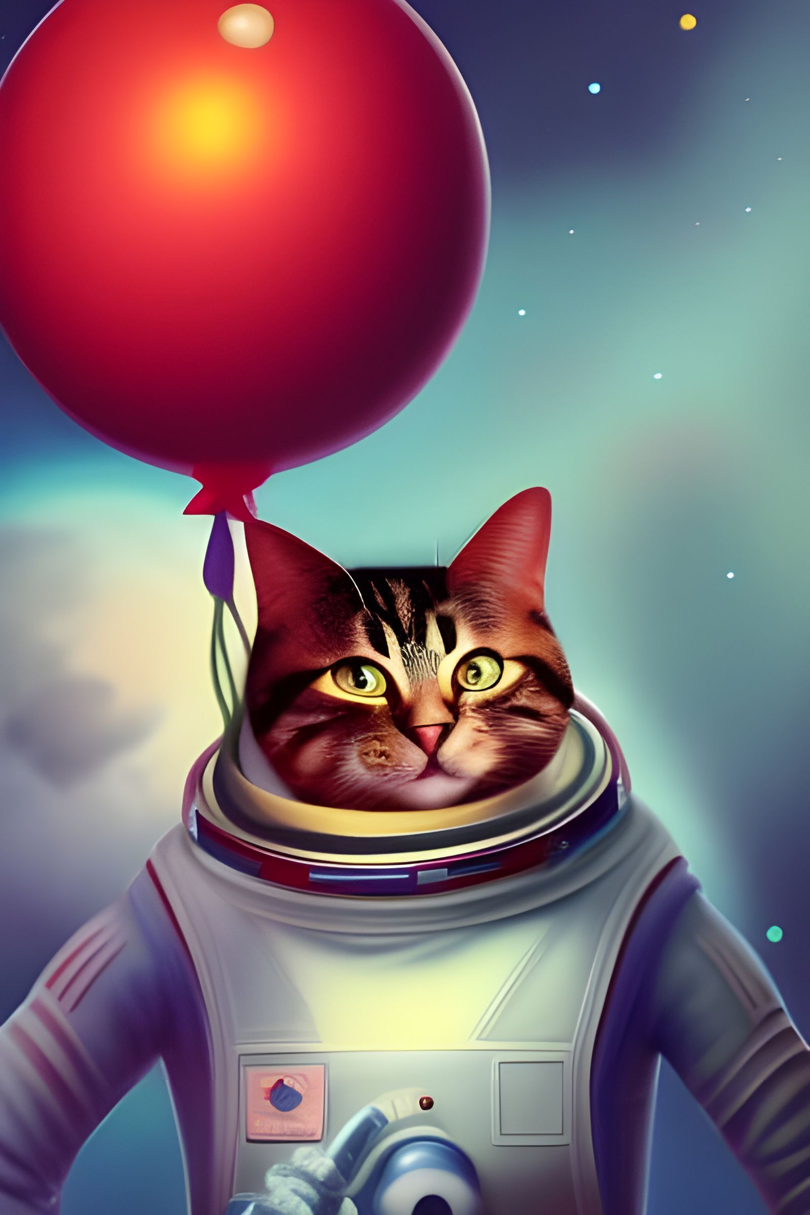 Cat Astronaut in Cosmic Space: Digital Gouache
