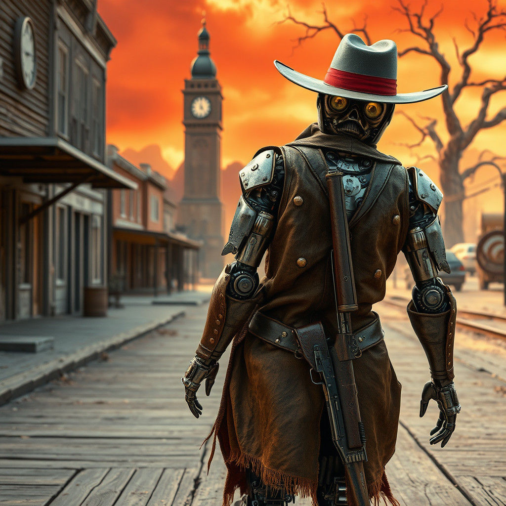 Robot Cowboy in Surreal Western Landscape