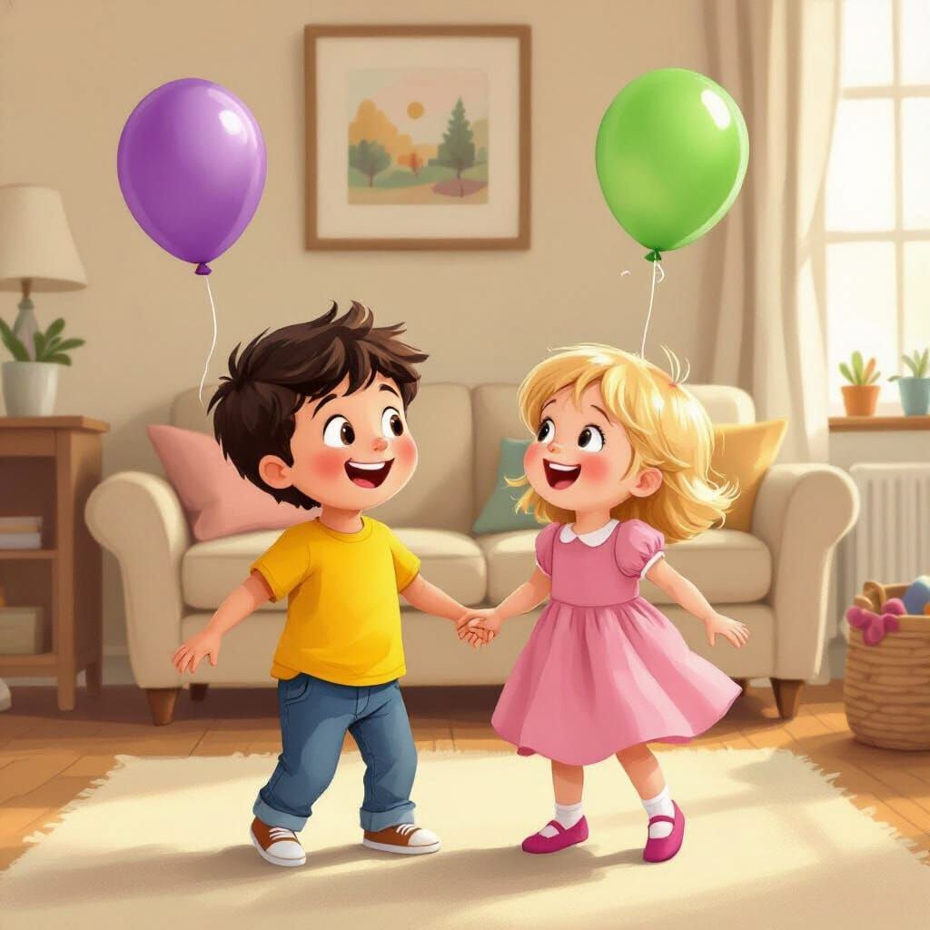 Children's Playful Balloon Game in Cozy Living Room