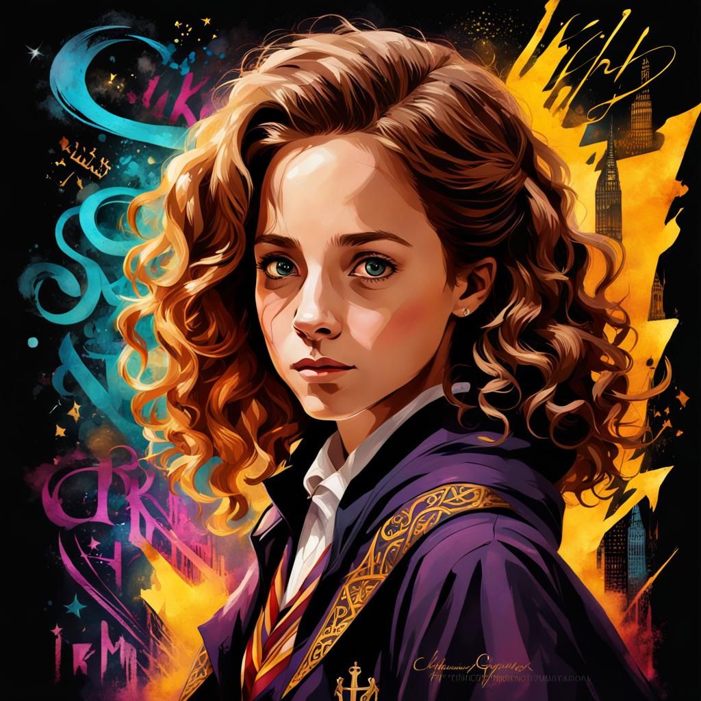 Hermione Granger Portrait with Calligraphic Ink Lettering