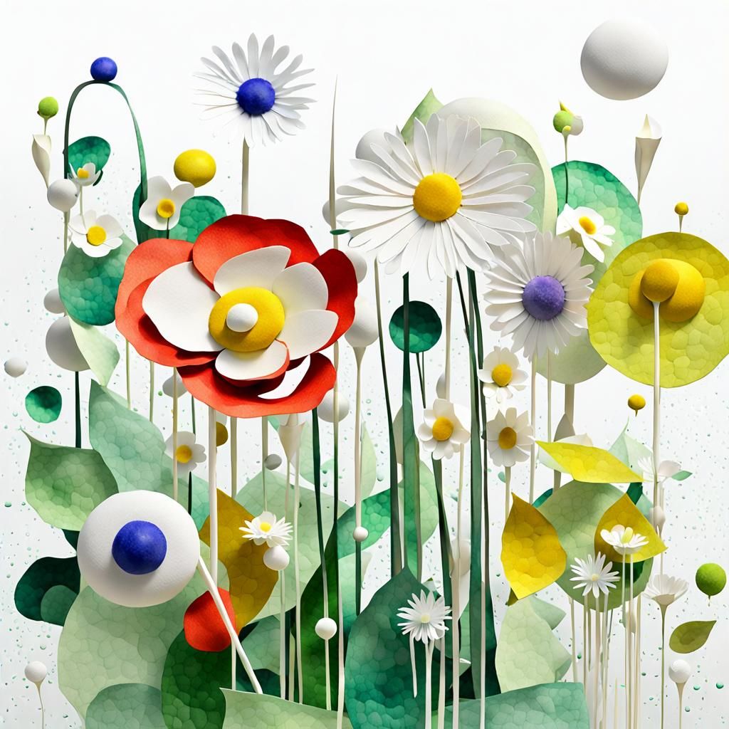 sculpture 3d white  watercolor on green field summers shades of a very bright,  background, 3d whites flowers   margarit...