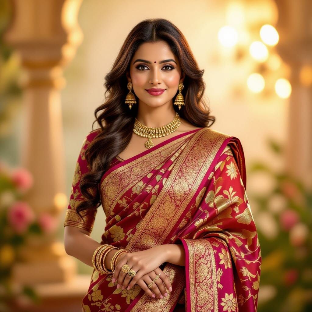 Elegant Woman in Intricate Saree, Warm Soft Lighting