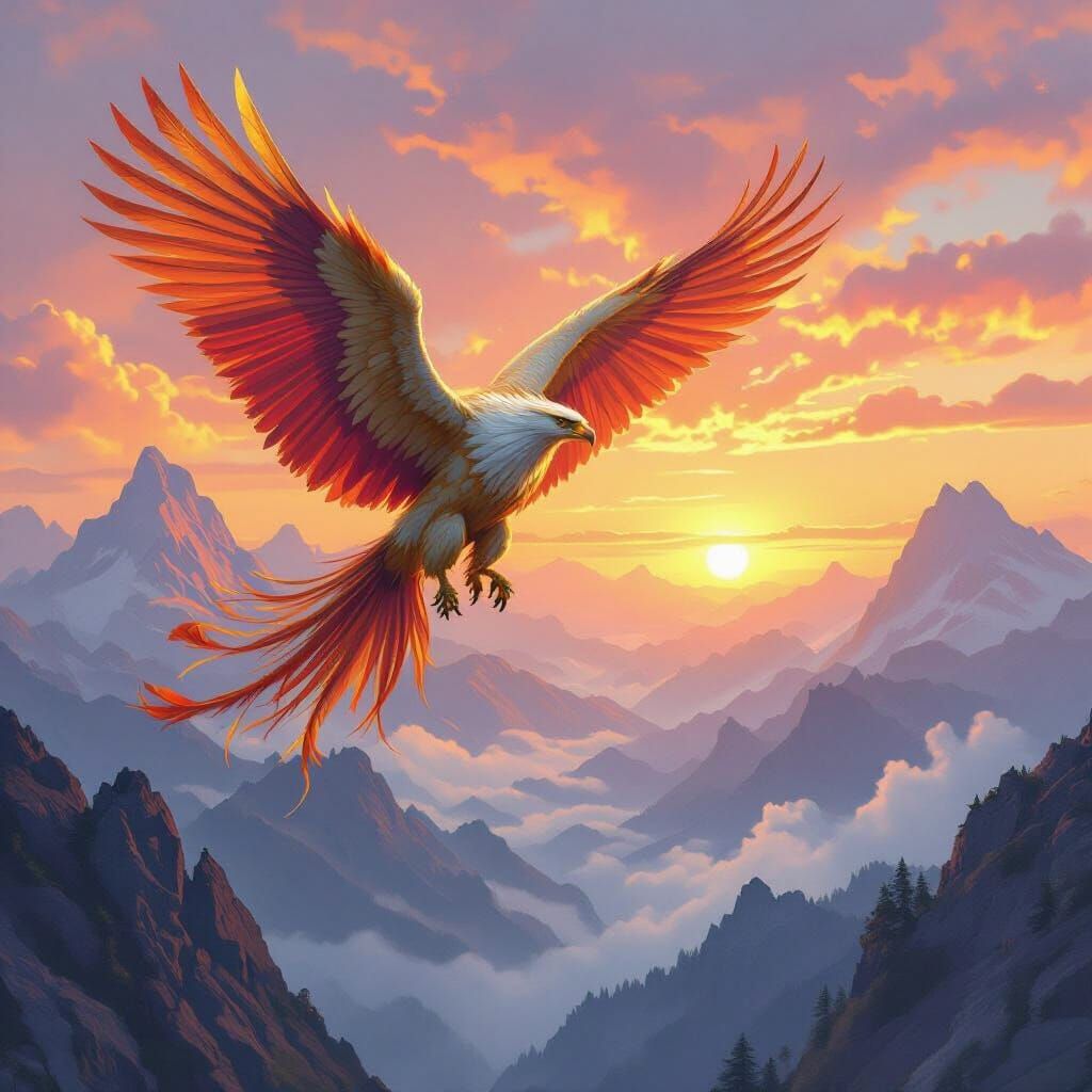 Majestic Griffin Soars Over Misty Mountains at Sunset