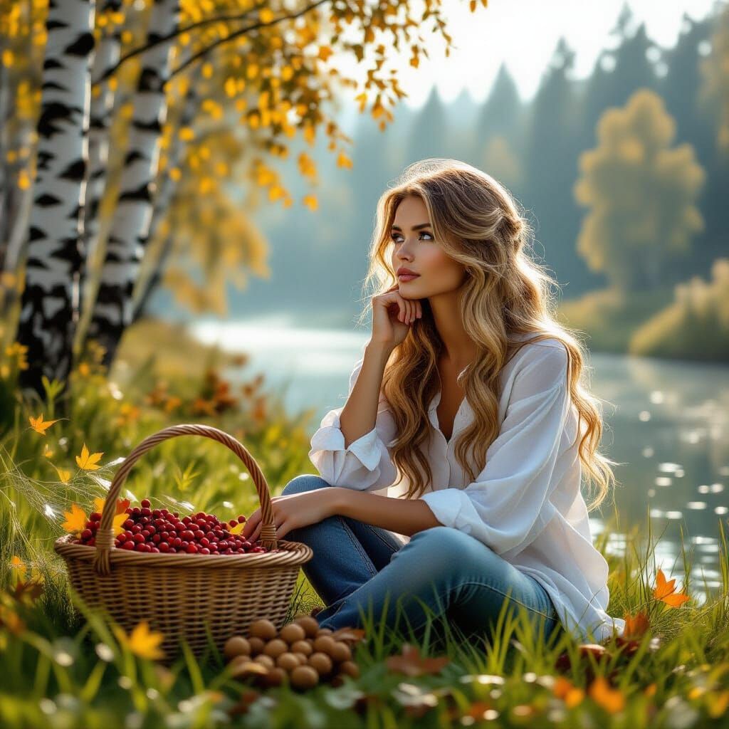 Woman in Field with Rowan Berries, Photorealistic Style