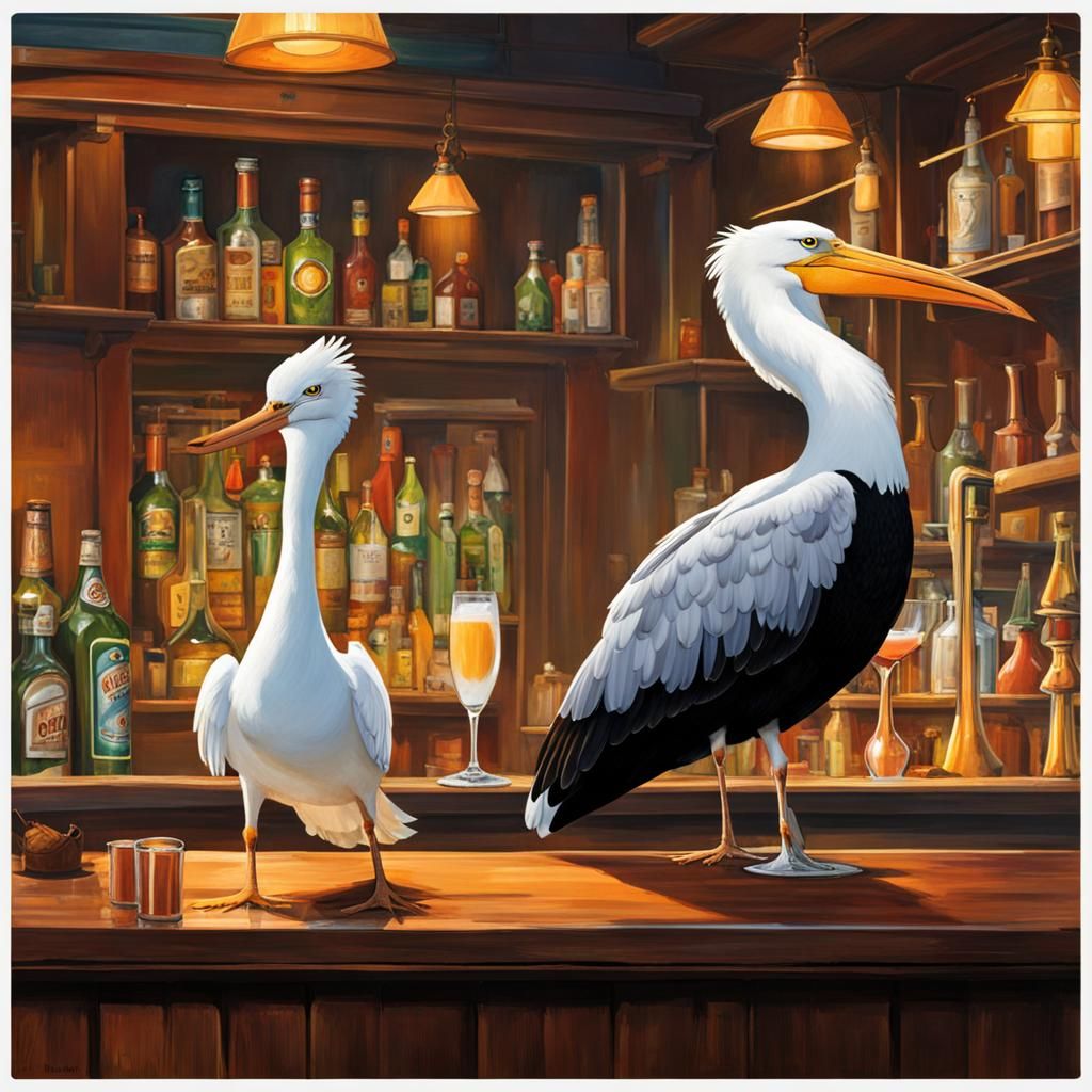 Seagull, Pelican, and Stork at a Bar