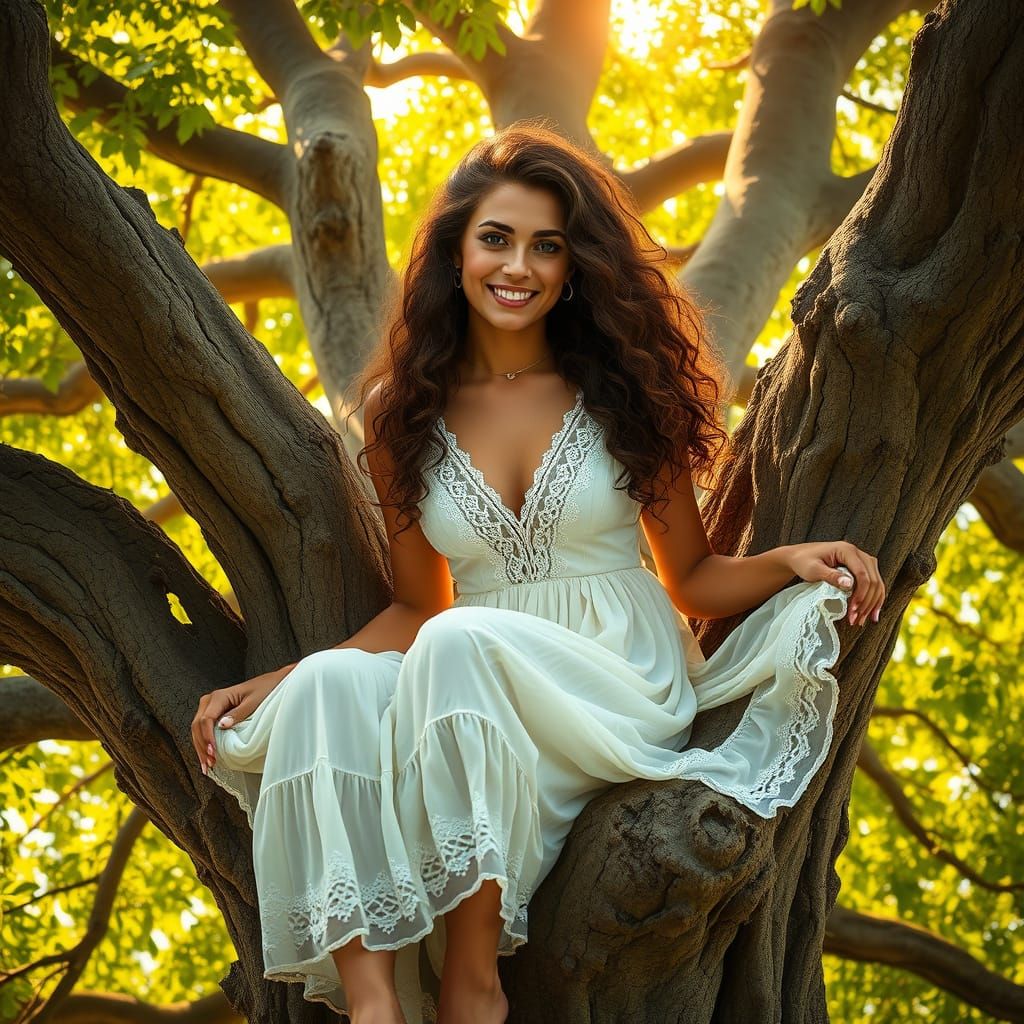 Serene Bohemian Goddess in Ancient Tree