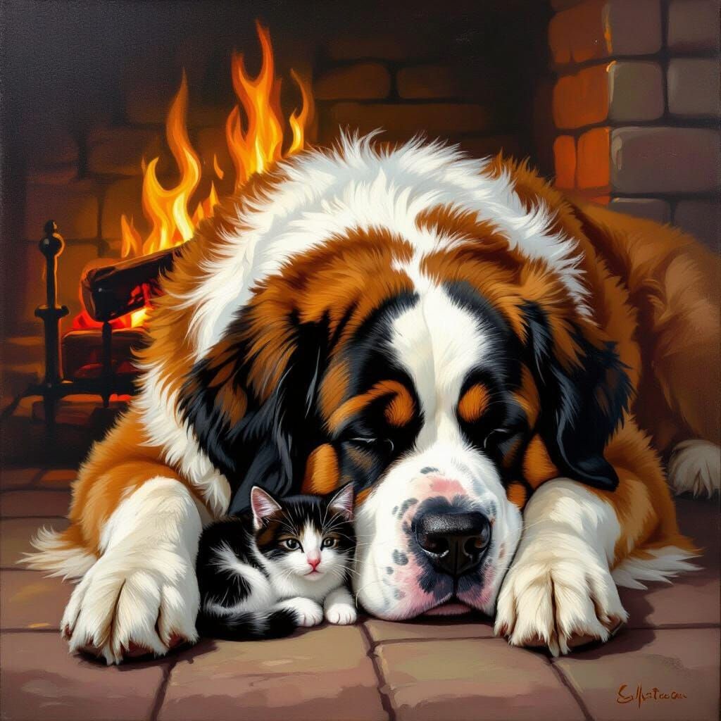 St. Bernard Dog and Kitten by Fireplace Oil Painting