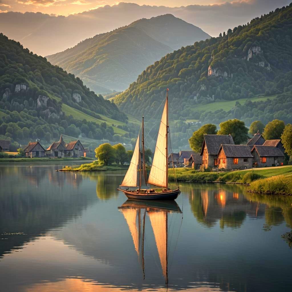14th Century Sailboat on Lake at Twilight