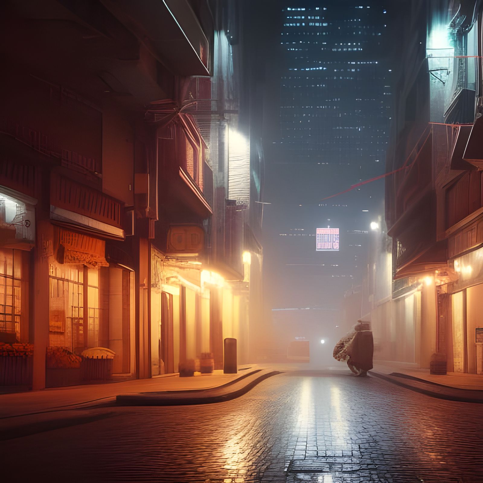 Detailed City Street at Night in Digital Illustration