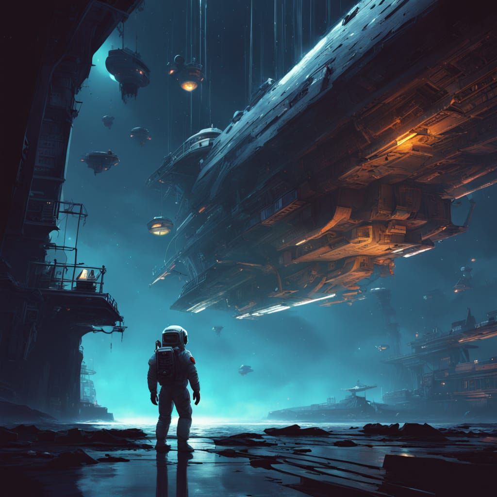 Astronaut Reading Near Library Ship in Space