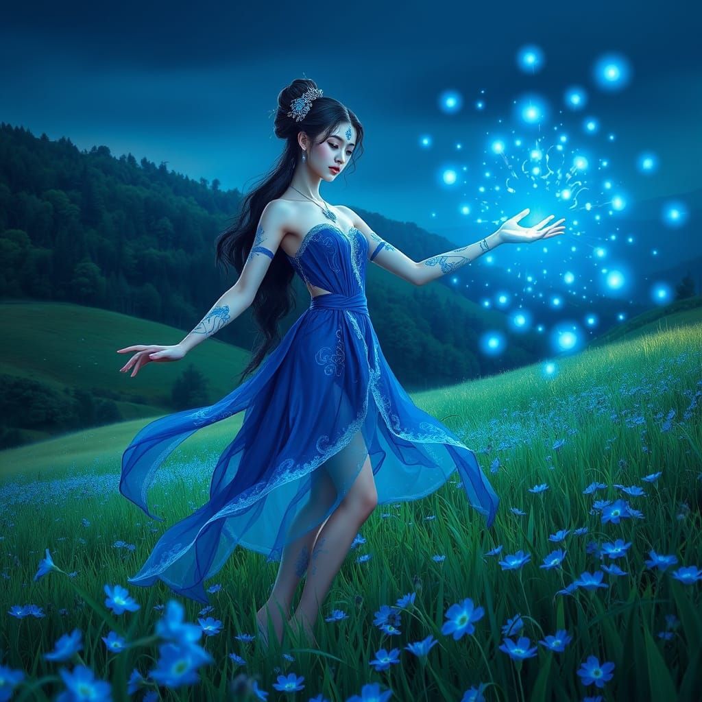 Blue Enchantress Summons Lights in Emerald Field