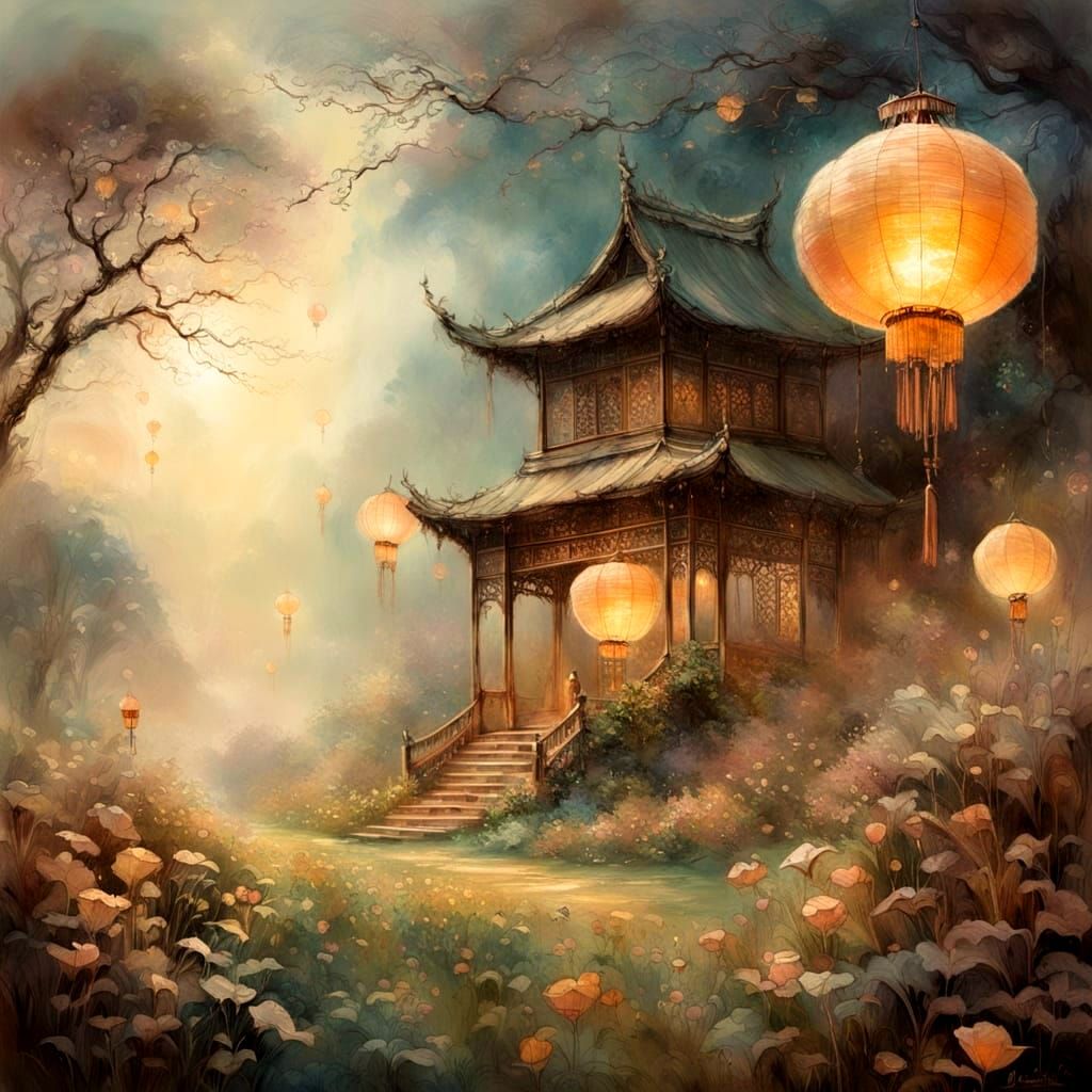 Ethereal Sepia Chinese Lanterns in Dream Field