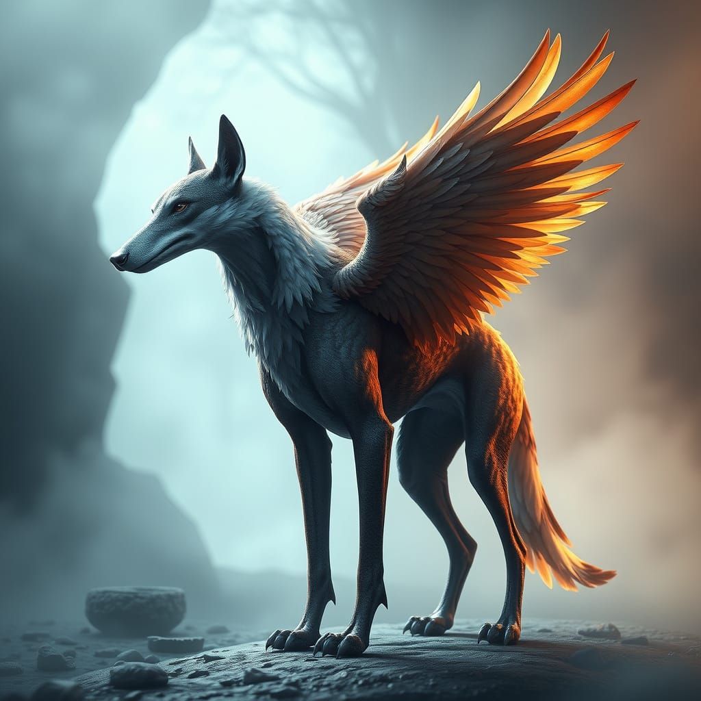 Majestic Bird Dog Hybrid in Vibrant, Ethereal Landscape