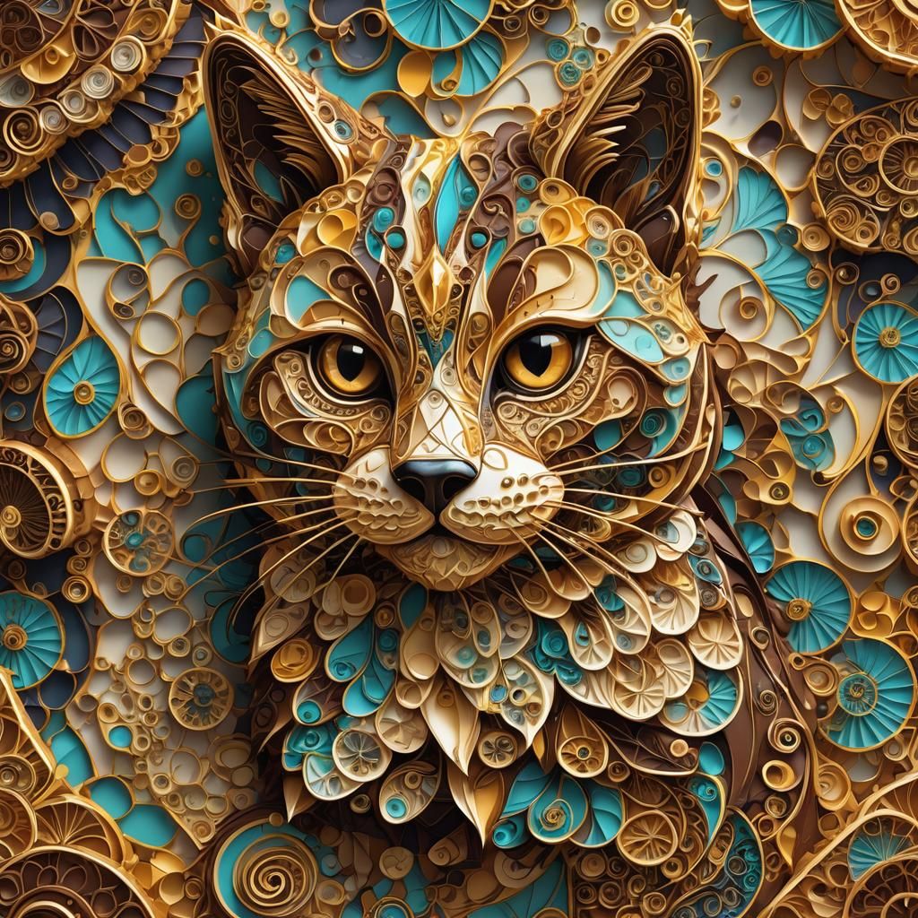 Cat-Shaped Pandoro Cake in Abstract Vector Fractal