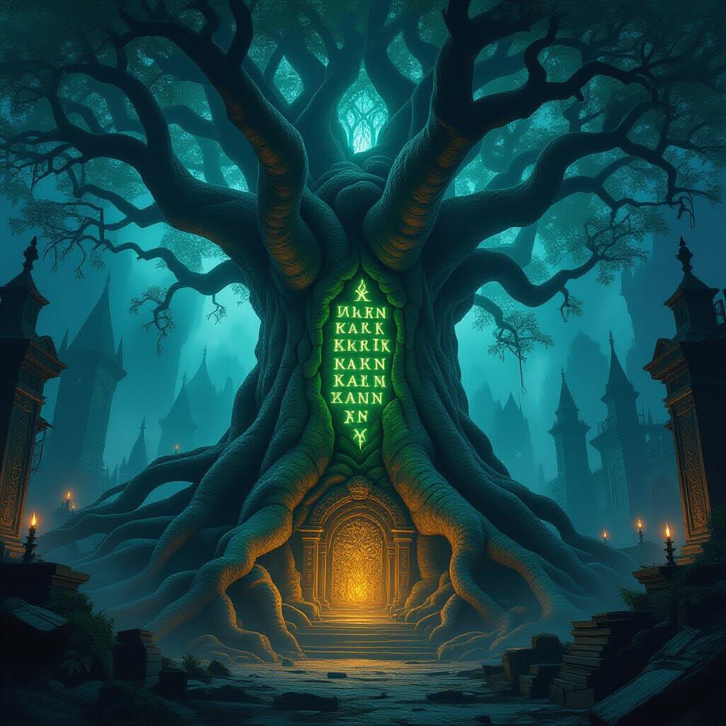 Ancient Tree Fortress with Glowing Runes in Dark Fantasy Sty...
