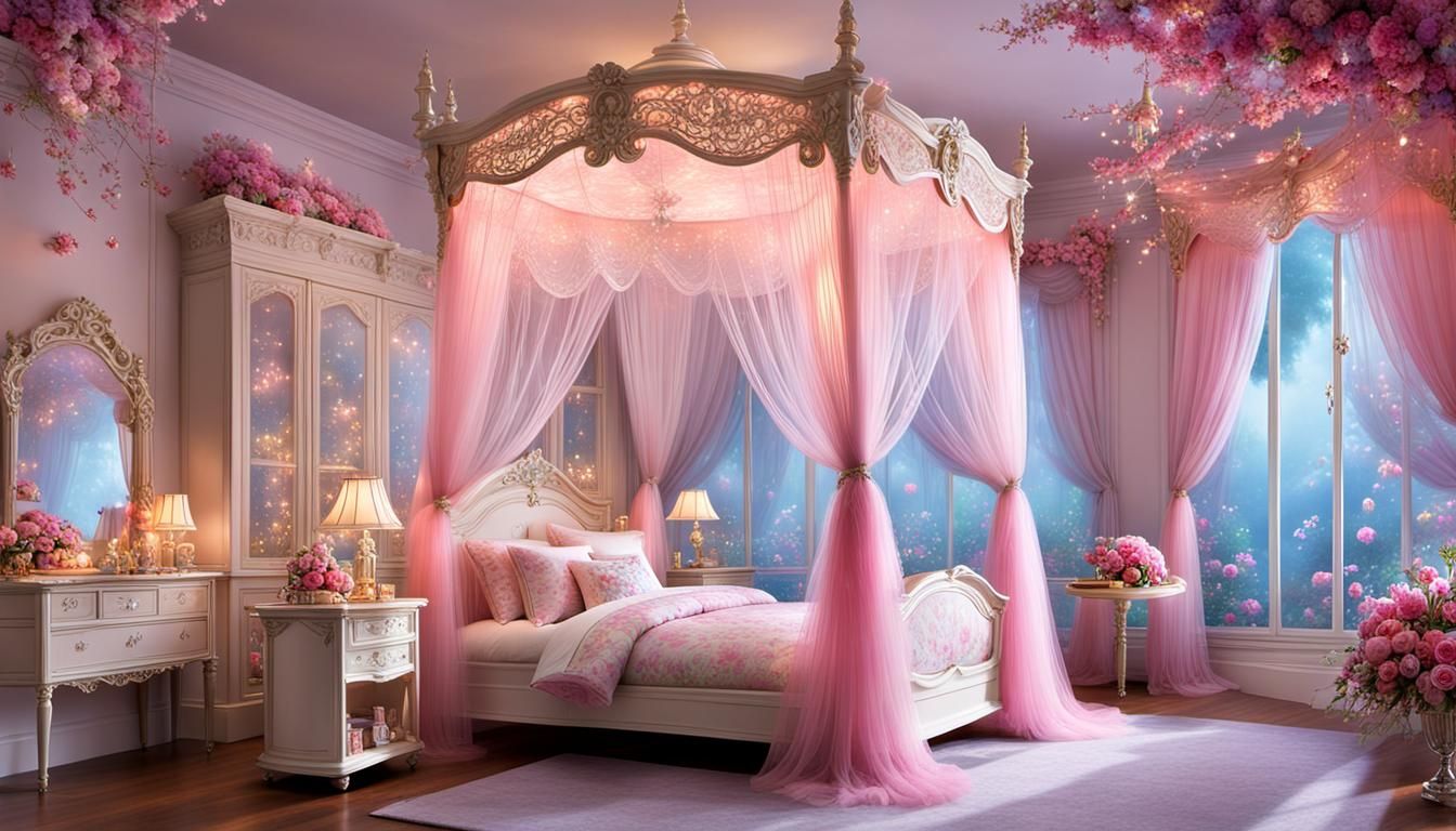 Elegant Pink Tulle Fantasy Bedroom with Fairy Lights