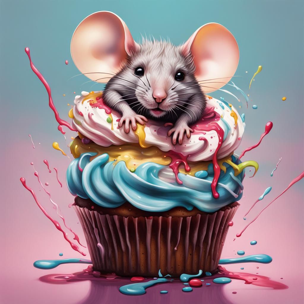 Mouse Eats Cupcake: Hyperrealistic Splash Art