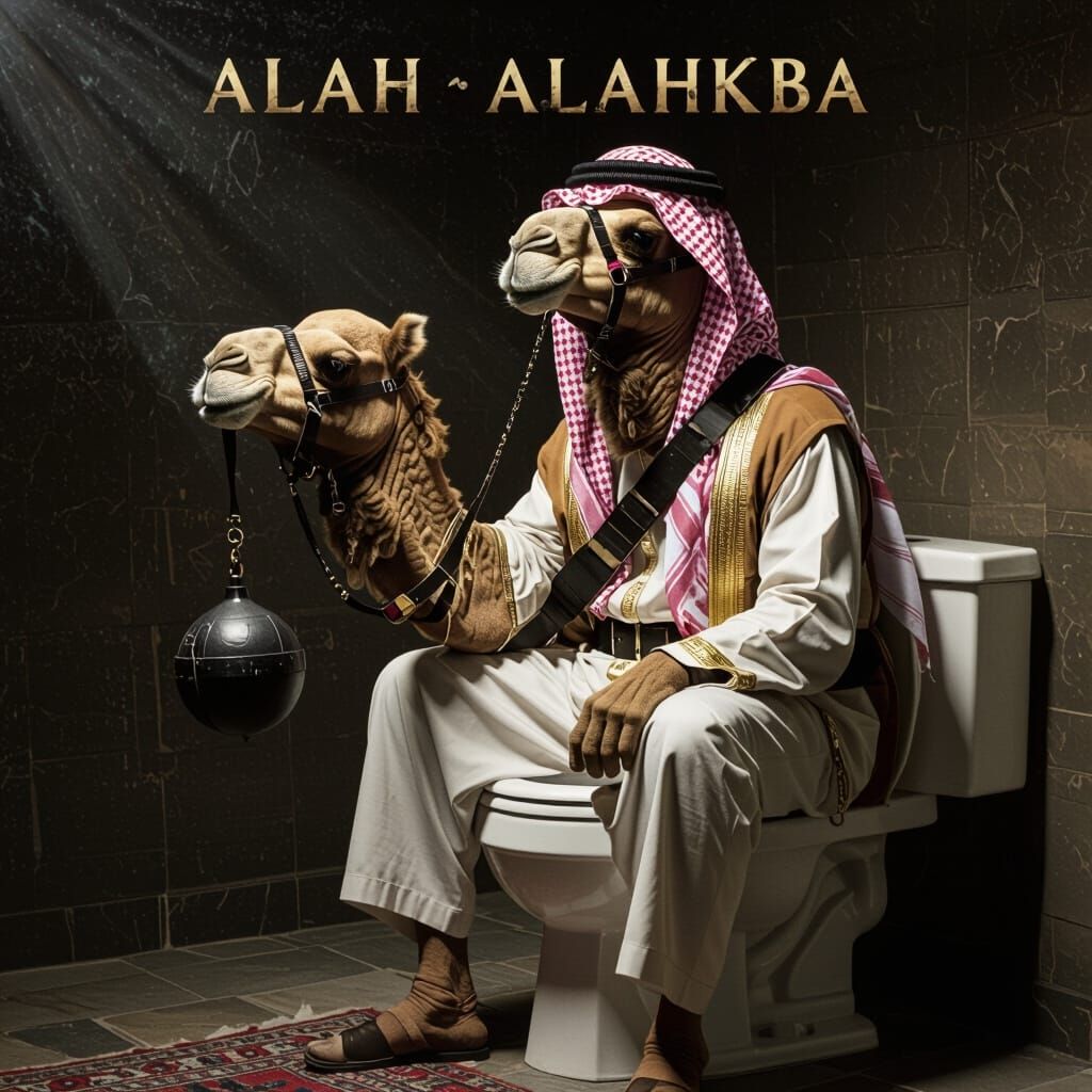 Camel in Sheikh Outfit on Toilet with Bomb Strap
