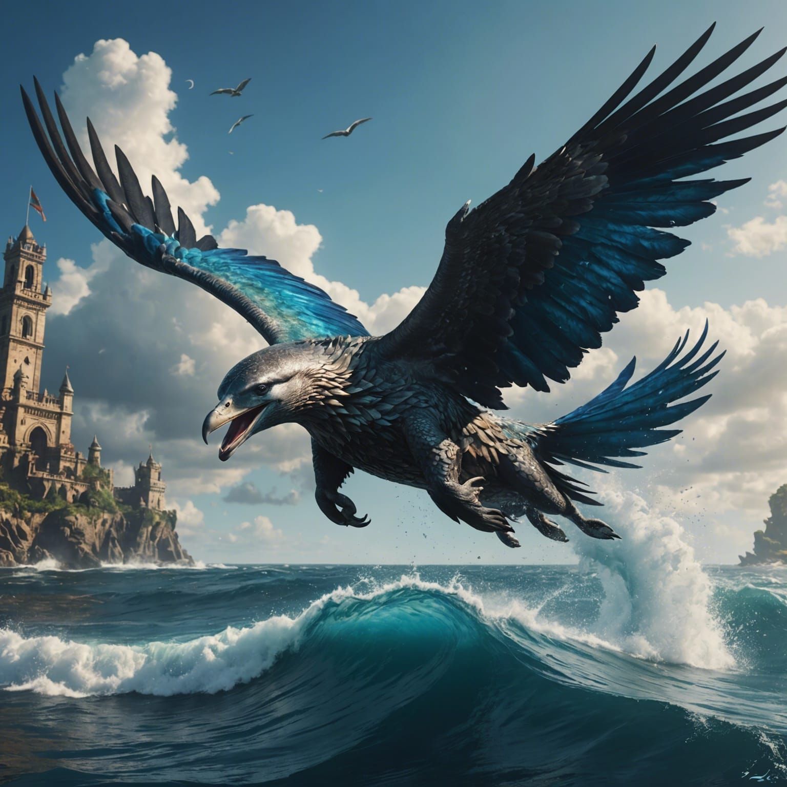 Winged Dolphin Soaring Over the Sea: Fantasy Art