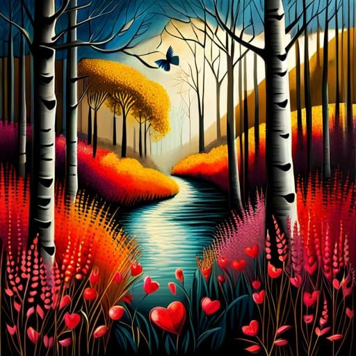 Lush Garden in Forest: Mixed Media Digital Art