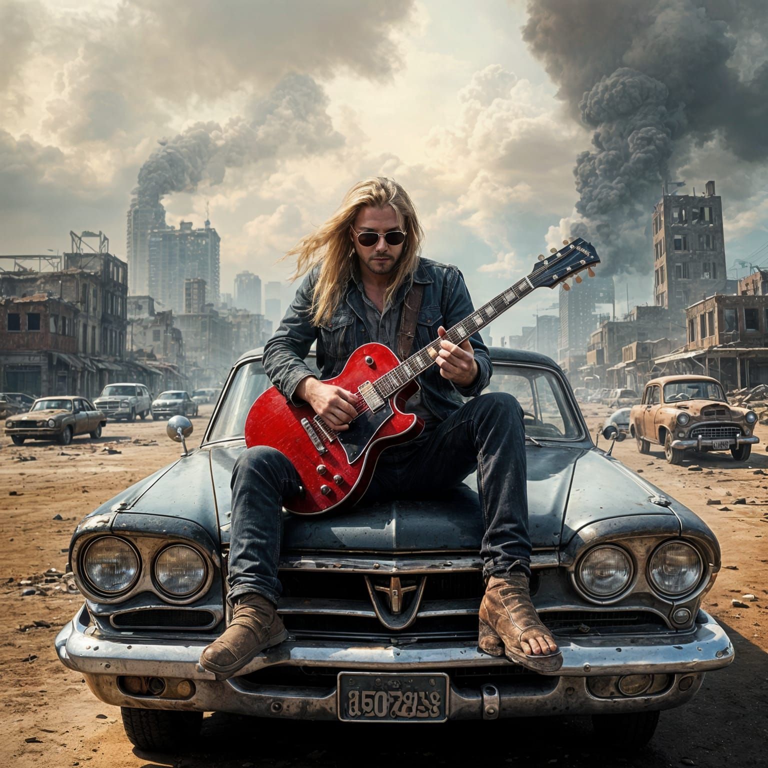 Guitarist in Post-Apocalyptic Ruins, Futuristic Plymouth V8 ...