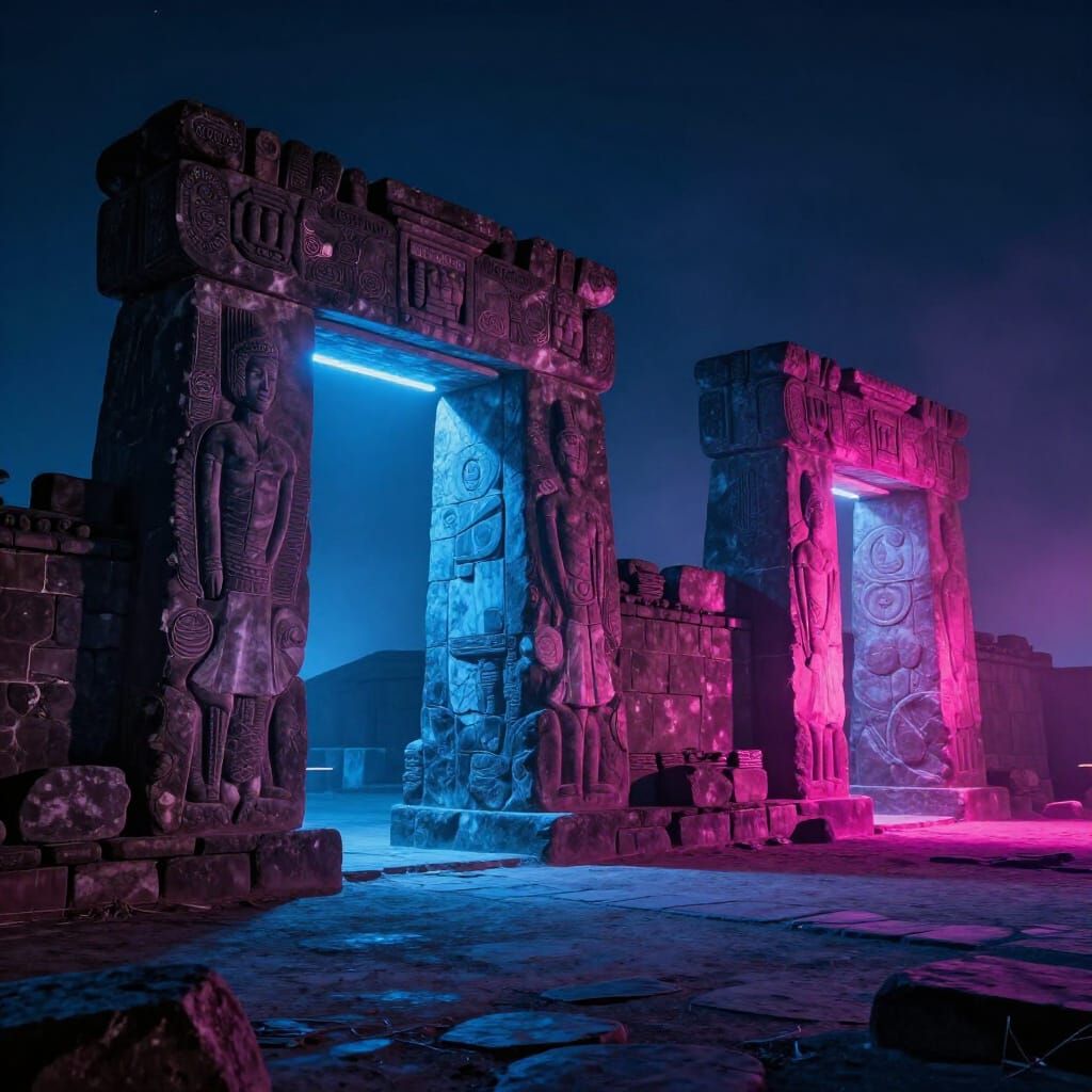 Cyberpunk Tiwanaku: Ancient Bolivian Ruins Illuminated