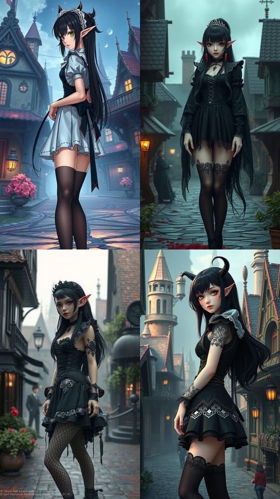 Gothic Anime Half-Elf Maid in Fantasy Town