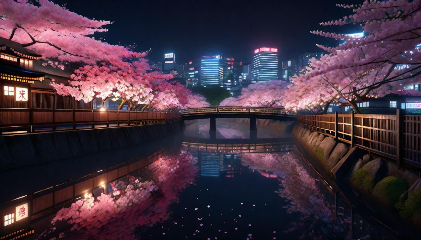 Tokyo Cherry Blossom Illuminations: Detailed Matte Painting