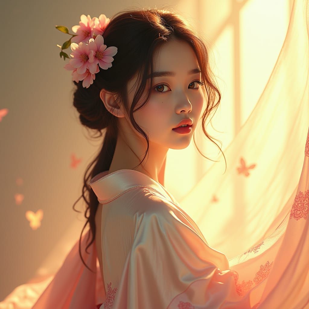 Ethereal Portrait of Woman in Kimono as Digital Art