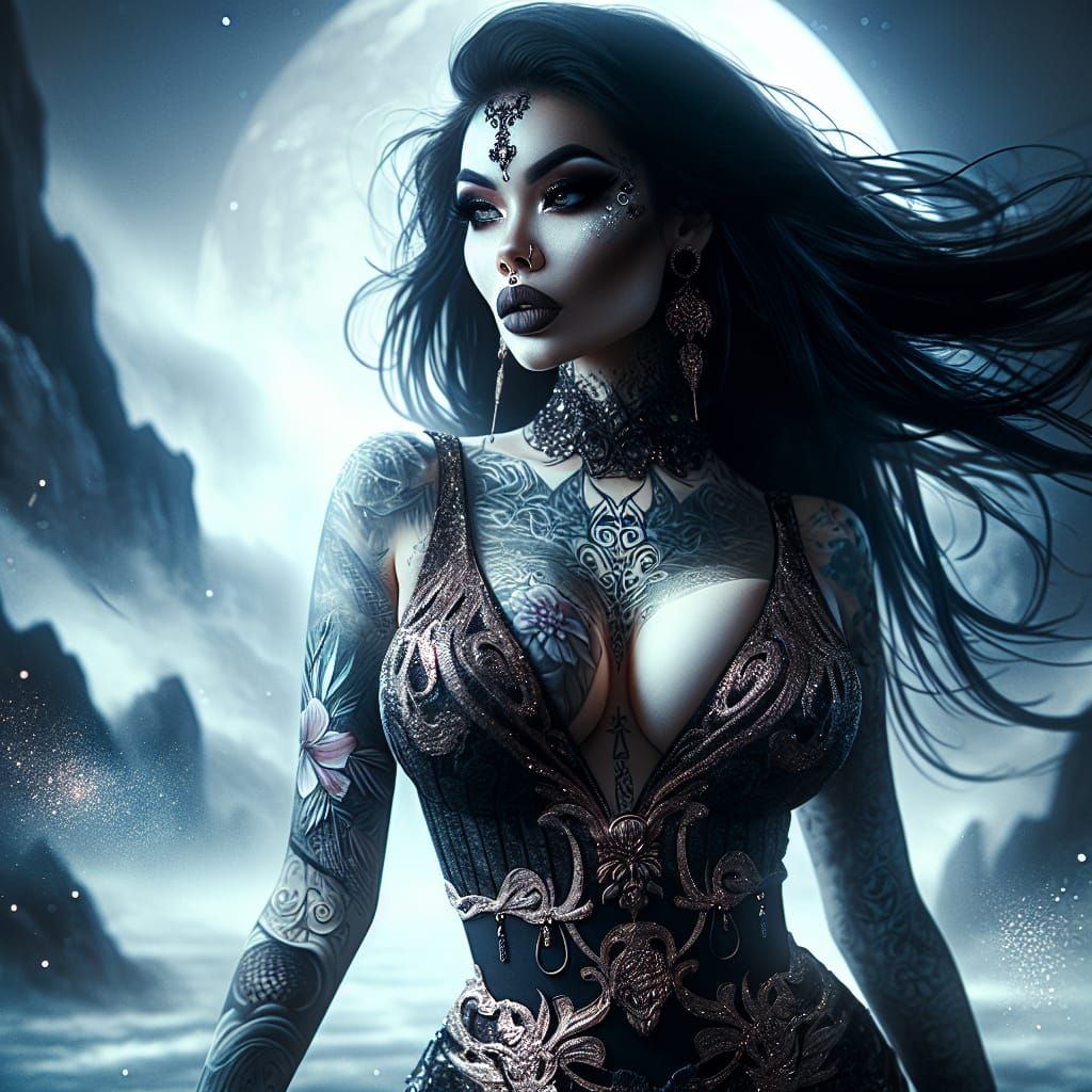 Captivating Gothic Woman with Exotic Outfit in Moonlight