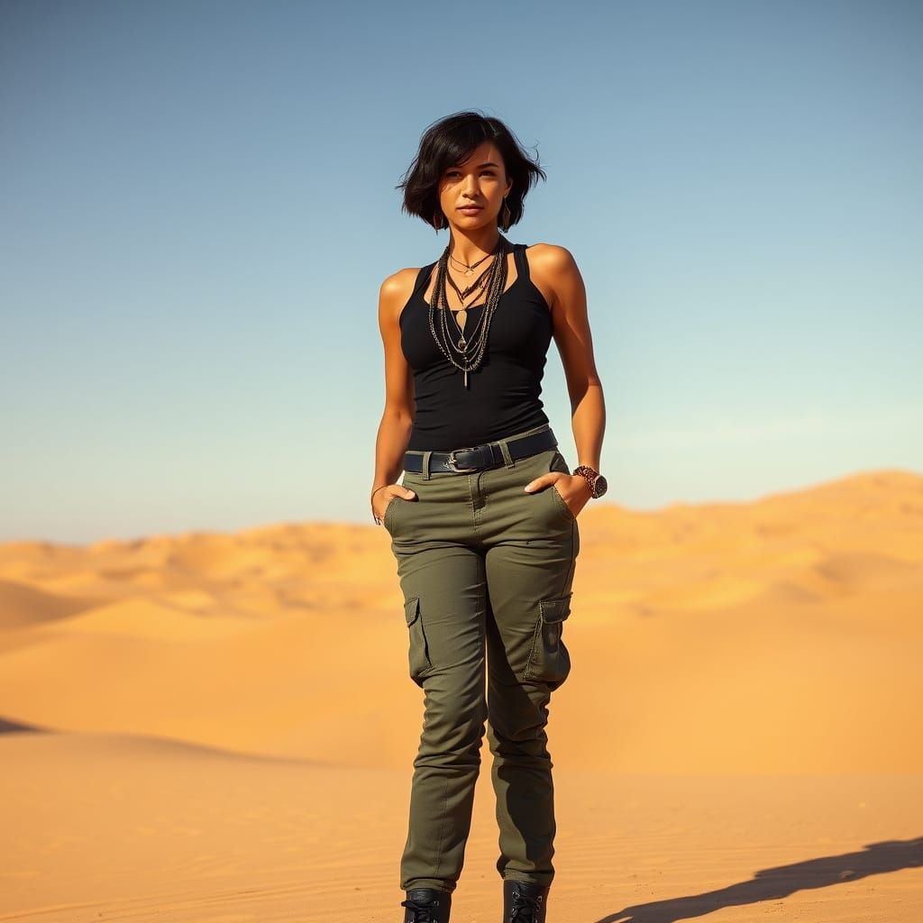 Woman in Desert Landscape with Futuristic Edge