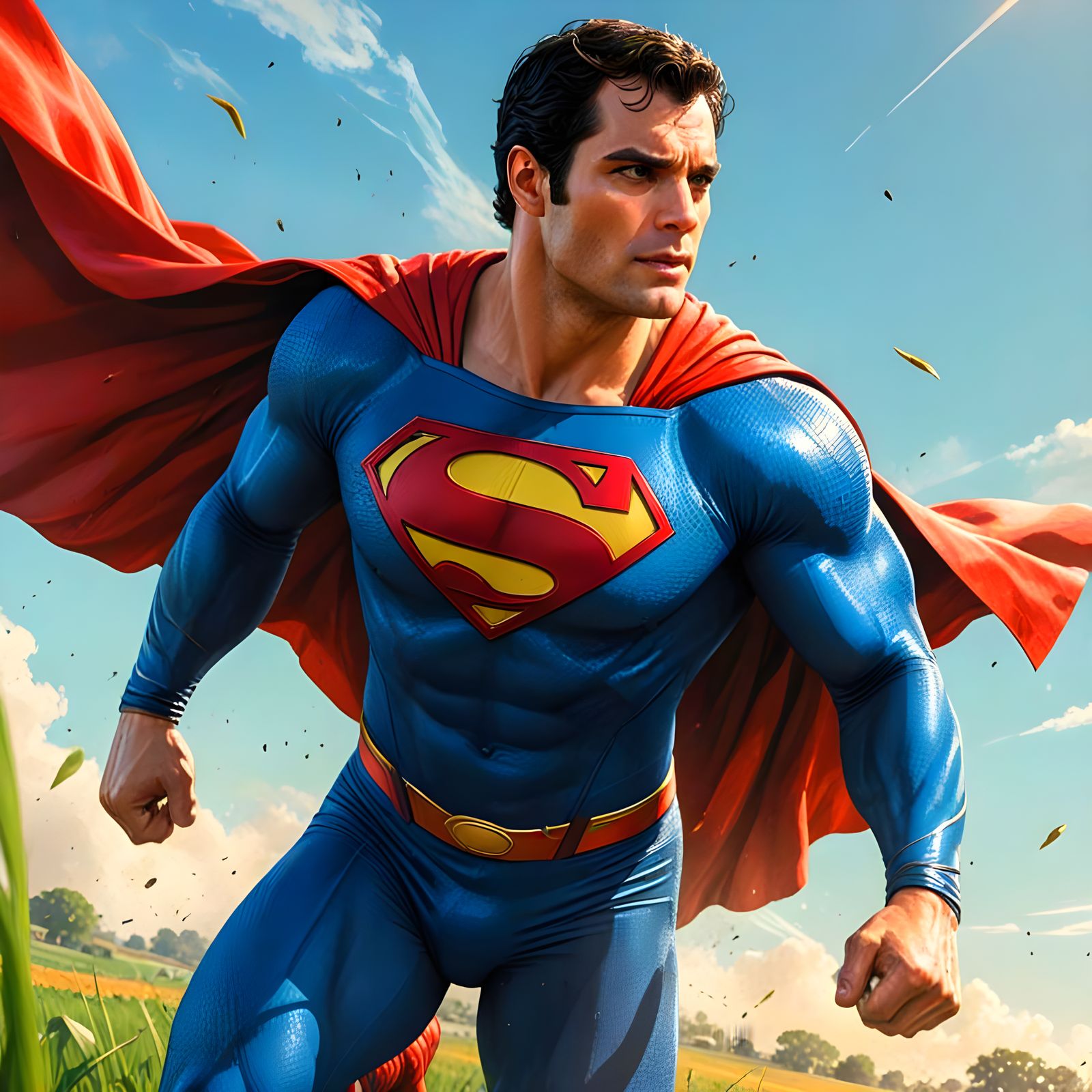 Superhero in Flowing Cape Over Green Field