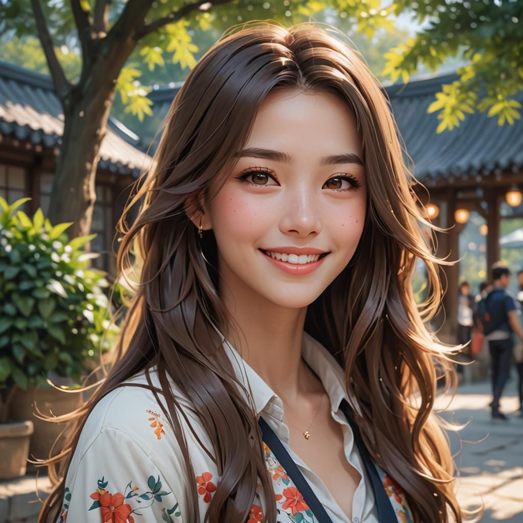 Anime Portrait of Smiling Woman with Long Hair