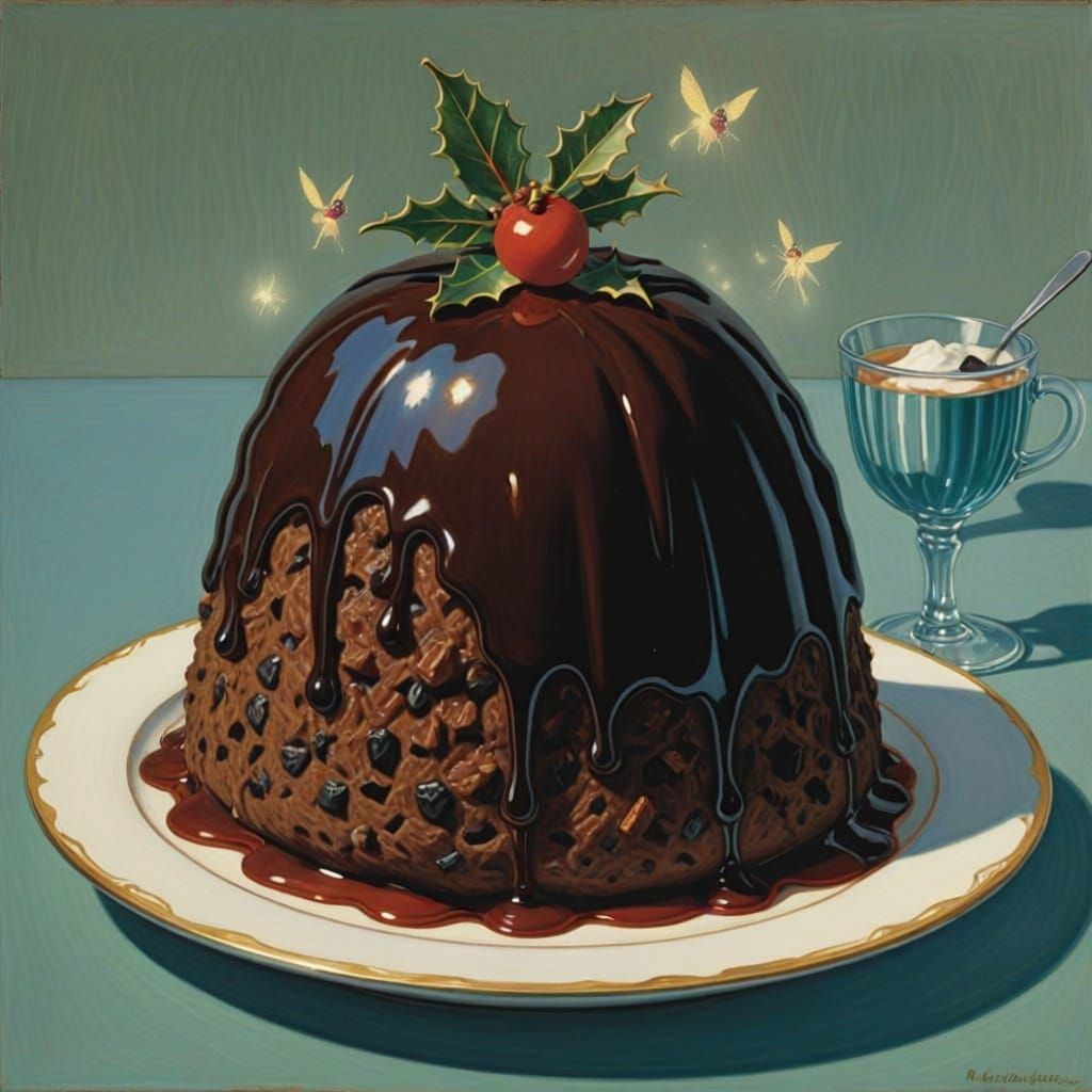 Christmas Pudding with Tiny Glowing Fairies Fluttering