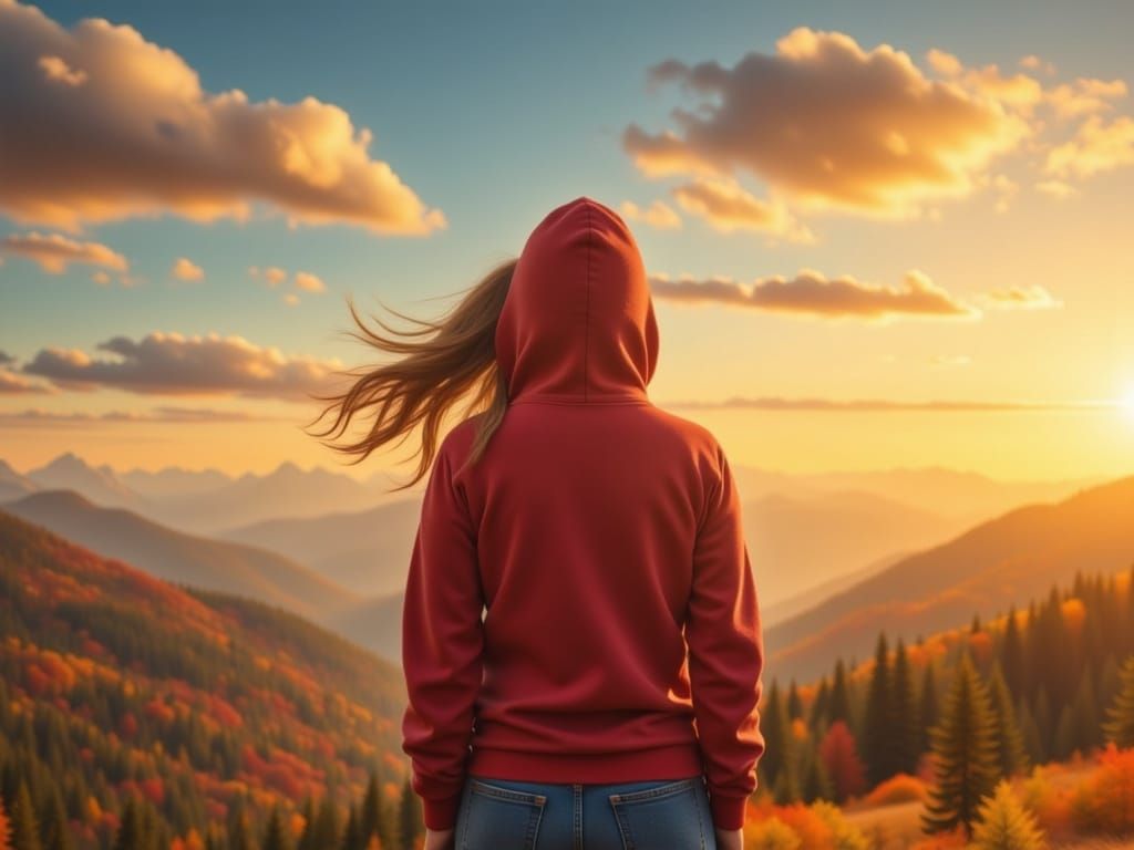 Woman in Red Hoodie Looks Up at Golden Hour Sky