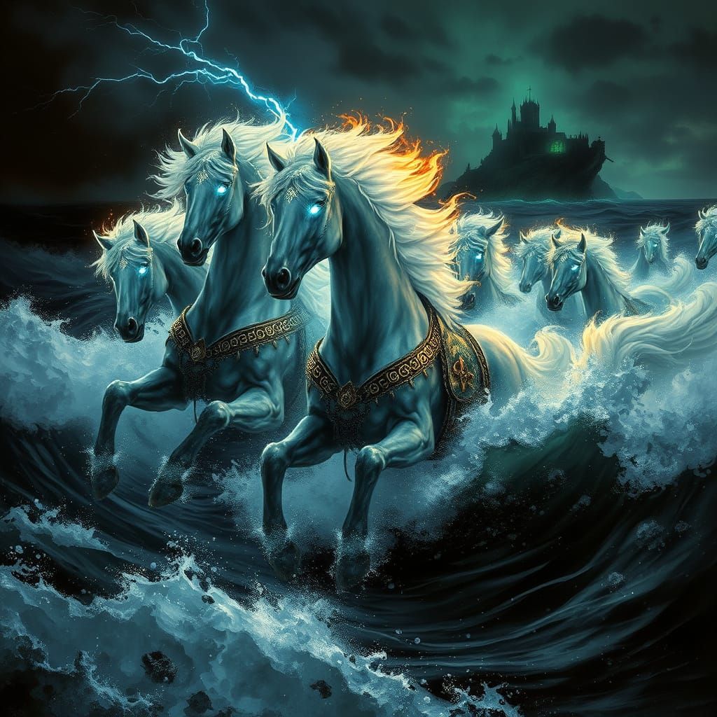 Ghostly Horses Rise from the Sea in Dark Fantasy Art