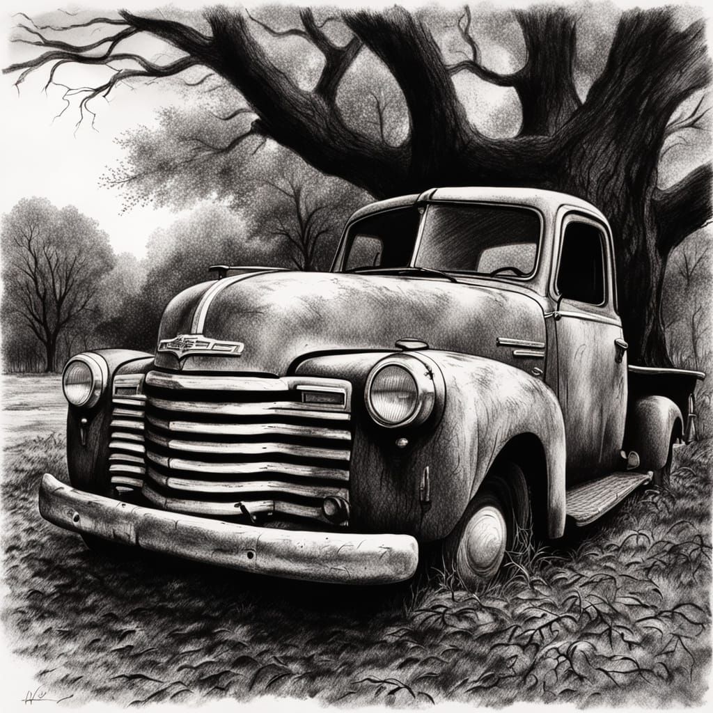 Rusty Chevrolet Pickup Truck: Hyperdetailed Charcoal Drawing