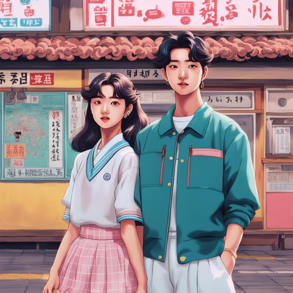1950s Korean Youth in Vaporwave Anime Style