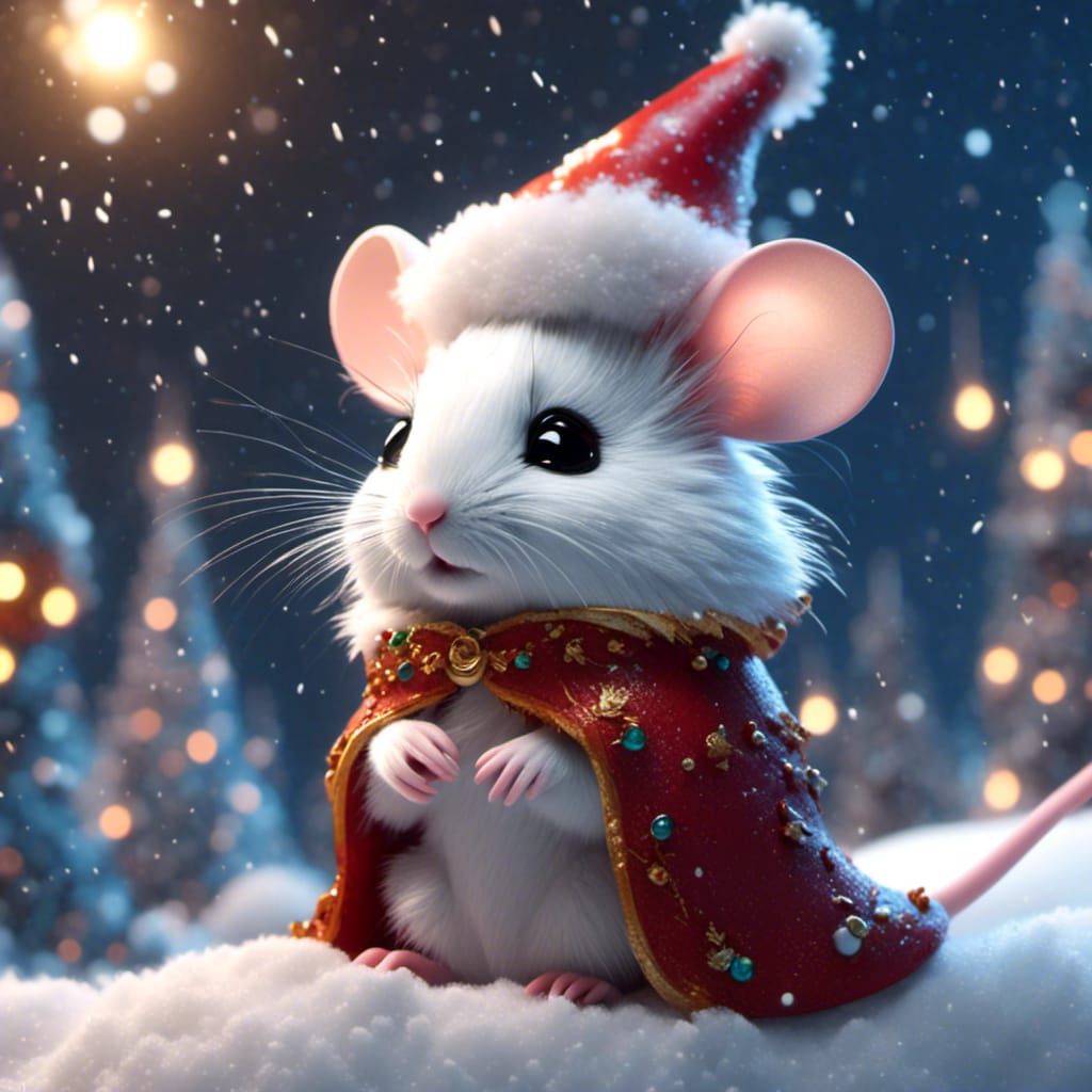 Cute Christmas Mouse in Snow, Detailed Matte Painting